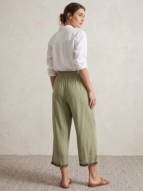 Mango Sage Green Embroidered Hem Crop Wide Leg Drawstring Pants Size Xlarge